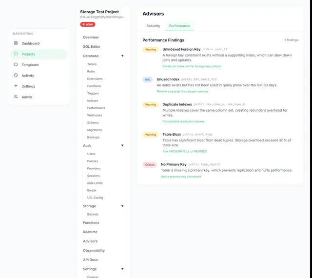 Advisors performance view with a second list of findings.