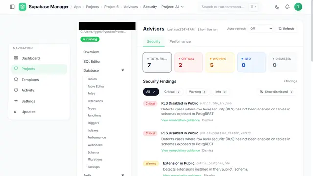 Advisors screen showing security finding totals by severity, with finding cards for row-level security and extensions in public schemas.