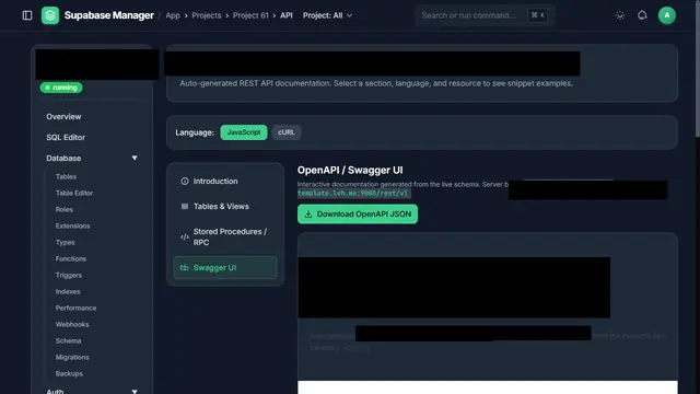 API reference screen with a language picker, OpenAPI download, endpoint sections and an embedded Swagger UI generated from the database schema.