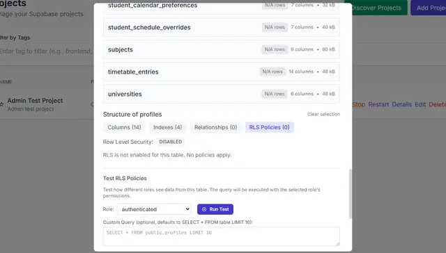 Row-level security test panel with a role selector, a query box and a test action, beside the table list it applies to.