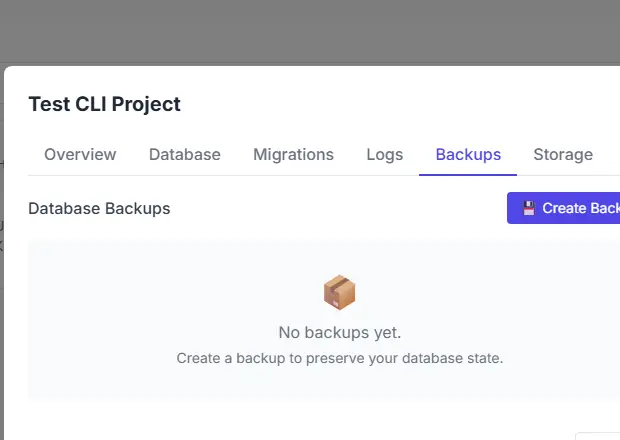 Database dialog on the Backups tab with the Create Backup button and an empty restore-point list.