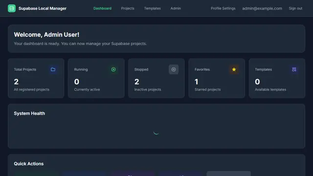 Manager dashboard in dark theme with project cards and quick actions.