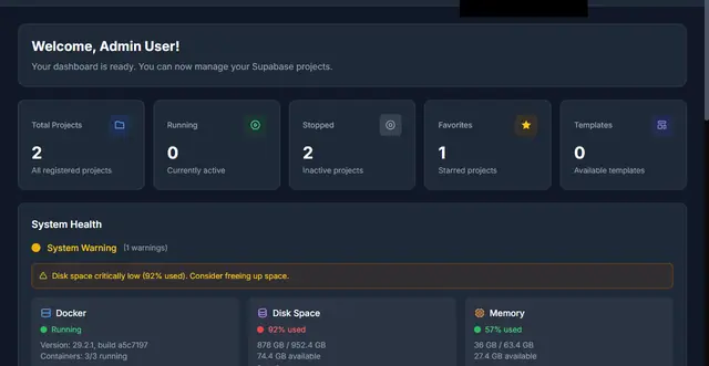 Manager dashboard with a system health card reporting Docker and port status.