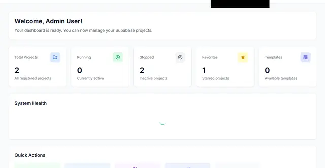 Manager dashboard in the light theme with project totals, health cards and quick actions.