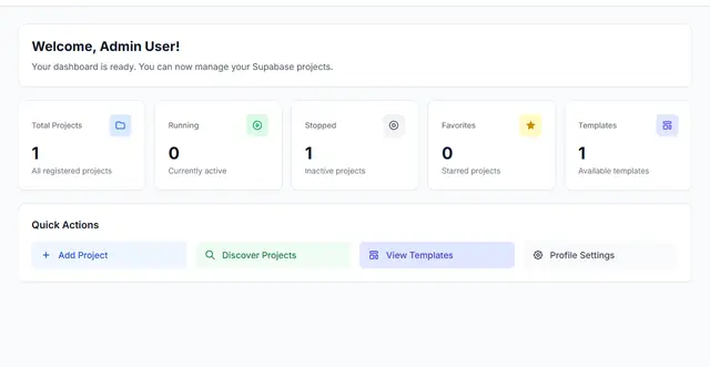 Manager dashboard with running and stopped project counts and a system warning card.
