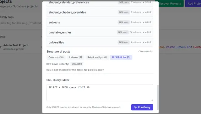 Row-level security panel listing policies for a table with their actions and expressions.