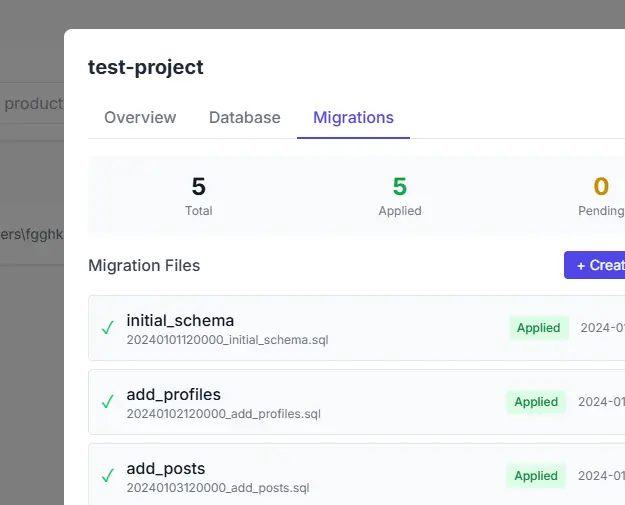 Migrations dialog listing every migration file with an applied badge.