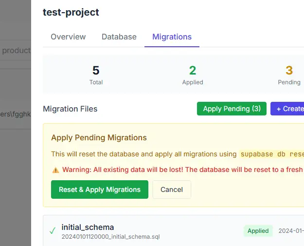 Migrations dialog with an apply-pending confirmation naming the files and offering Apply, Cancel and Apply and Seed.