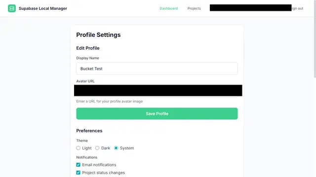 Profile settings page rendered in the dark theme, with display name, avatar URL, theme and notification preferences; the account header and avatar URL are redacted.