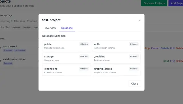 Project detail view on the Database tab, showing the schema tree and a table list.