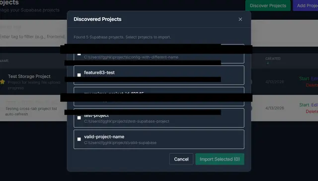 Discover Projects dialog listing five existing Supabase folders with checkboxes to import them; the stored paths are redacted.