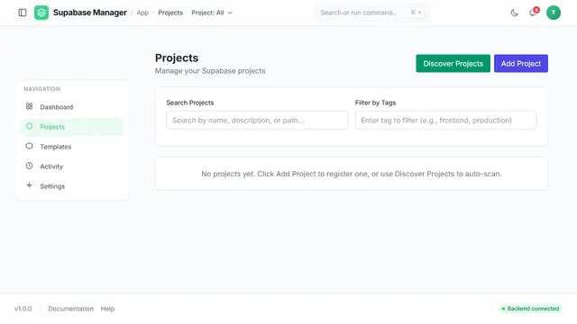 Projects page with Add Project and Discover Projects buttons, a search and tag filter, and an empty-state message explaining both ways to register a project.