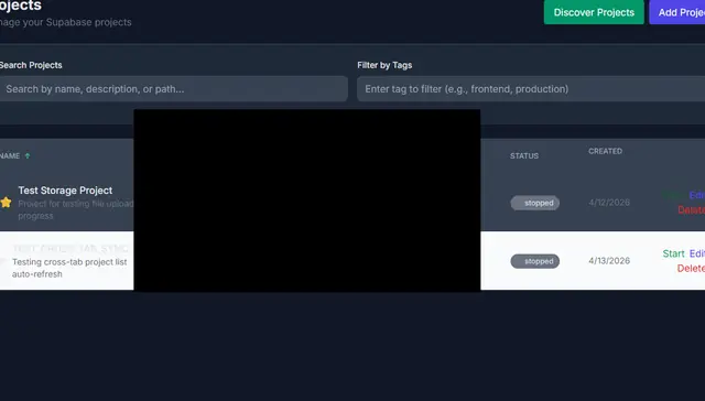 Projects table in dark theme with a project row, its status, creation date and the start, edit and delete actions; the stored path column is redacted.