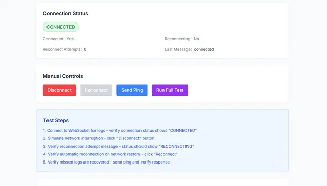 WebSocket test panel after a full reconnect cycle.