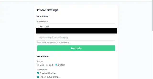 Profile settings page with the display name, avatar URL and theme controls in view; the avatar URL is redacted.