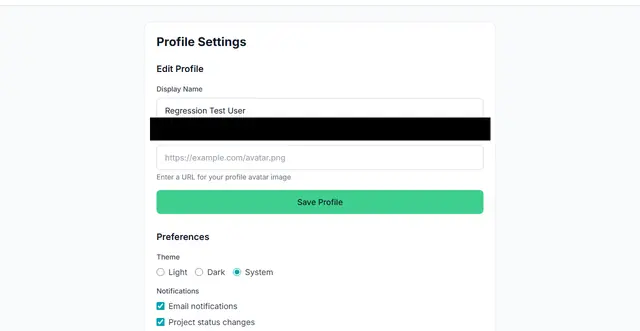 Profile settings page with a tightened layout and the preference controls in view; the avatar URL is redacted.