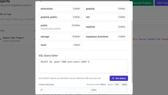 Export menu for a query result with CSV and JSON options.