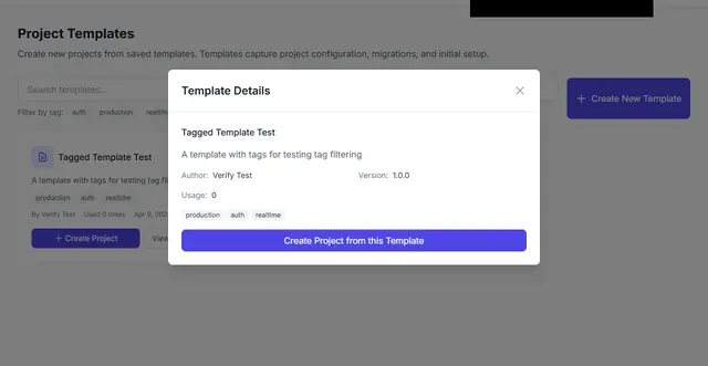 Template details dialog showing a template name, description, tags and a Create Project action.
