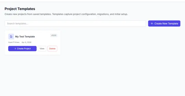 Templates page with a saved template card and its Create Project button.